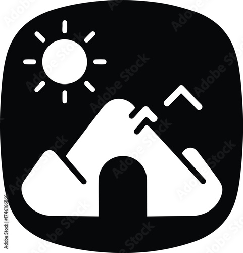 Simple black and white icon representing a mountain landscape with a sun and a cave entrance