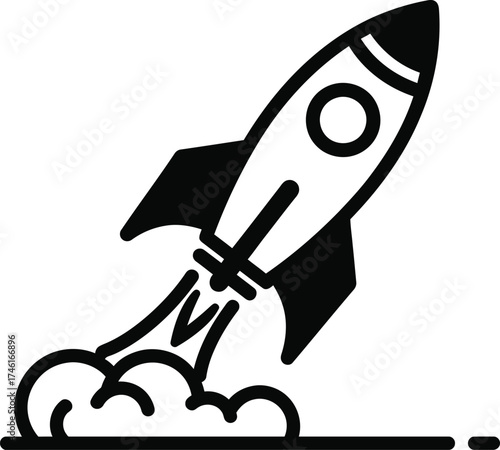 Simple black and white icon of a rocket launching upwards with smoke and flames