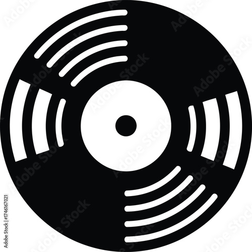 Simple black and white graphic icon of a vinyl record with grooves and center label