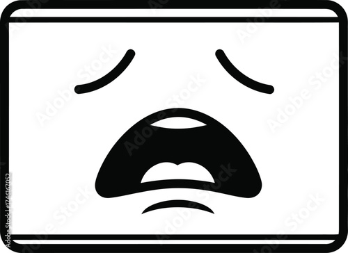 Simple black and white cartoon face icon expressing shock and surprise with wide open mouth