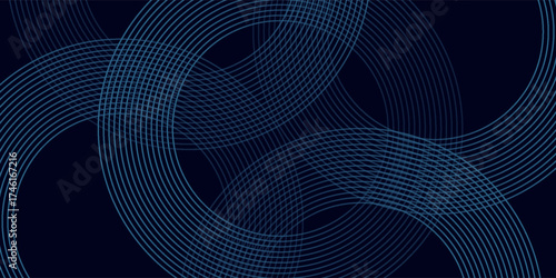 Blue abstract background with glowing circles. Swirl circular lines pattern. Geometric spiral. Twirl element. Modern graphic design. Futuristic technology concept.