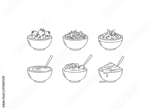 Set of six bowls with fruit and cereal
