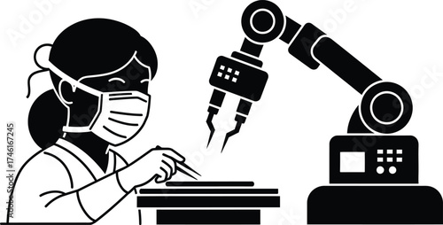 Scientist wearing a mask and gloves works with a robotic arm in a laboratory setting