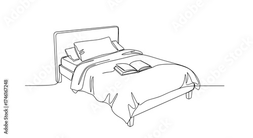 Unmade bed with open book in minimalist line art style
