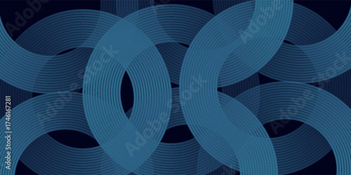 Blue abstract background with glowing circles. Swirl circular lines pattern. Geometric spiral. Twirl element. Modern graphic design. Futuristic technology concept.
