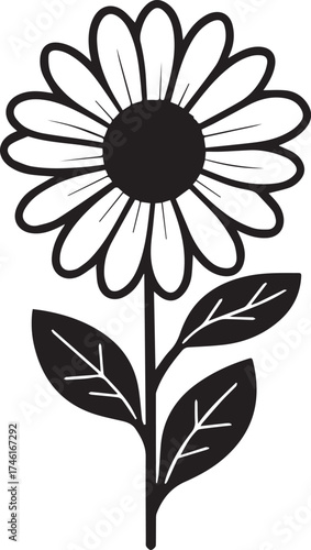 Simple black and white flower with smiling face and leaves