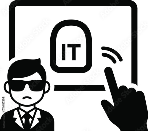 Sad it professional wearing sunglasses interacts with a computer screen displaying it support icon