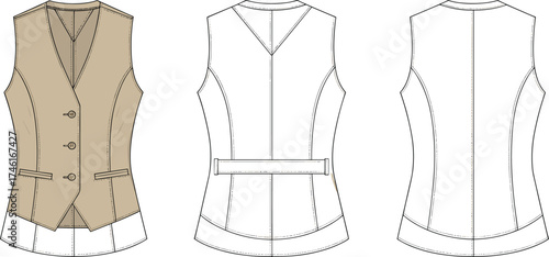 Women tailored vest flat sketch, cad drawing vector illustration, welt pockets, notched hemline, back belt, fashion apparel template, garment construction design