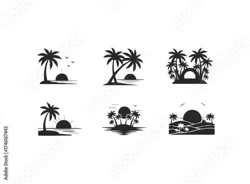 Silhouettes of palm trees and sunsets on tropical islands