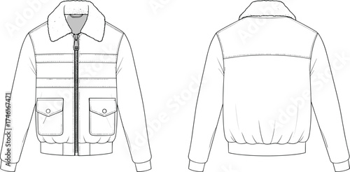 Shearling collar jacket flat sketch, cad drawing vector illustration, zipper front, flap pockets, ribbed cuffs, yoke seam, fashion apparel template