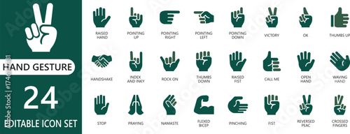 A clean vector icon set representing various hand gestures, actions, and movements. Perfect for apps, websites, presentations, and stock platforms needing clear hand visuals.