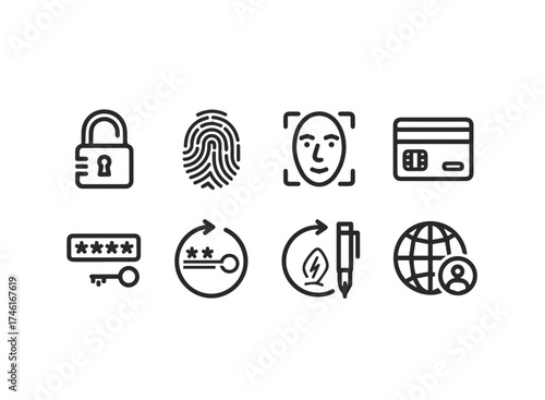 Security and privacy icons fingerprint, face scan, credit card, lock