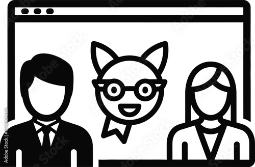 Online meeting with diverse participants including a cat avatar and professionals