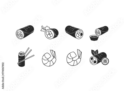 Set of sushi rolls, shrimp, and dipping sauce