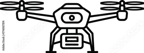Modern drone with camera and propellers in a clean line art style on a white background