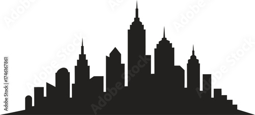 Modern city skyline silhouette with tall buildings and towers against a white background