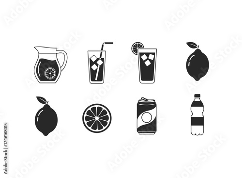 Set of black and white icons of drinks and lemons