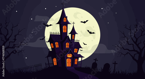 Spooky haunted house with bats flying against a full moon, perfect for Halloween invitations or ghostly themed party decorations and eerie seasonal promotions