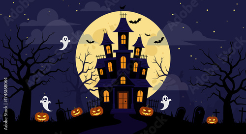Eerie haunted mansion with glowing jack-o'-lantern, perfect for spooky Halloween designs and thrilling ghostly promotions this season!