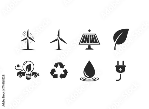 Collection of ecofriendly energy and sustainability icons isolated on white