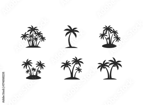 Collection of six black and white palm tree icons