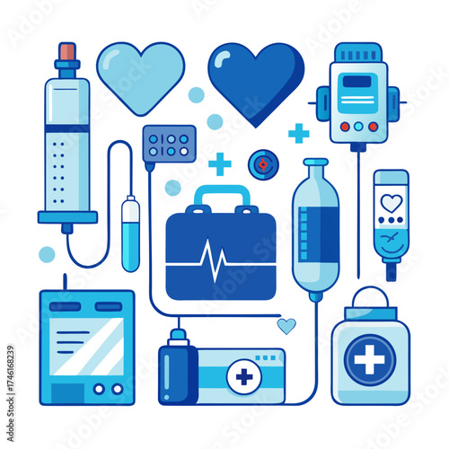 The vector illustration features a flat set of medical and health care icons for web and app design, including a stethoscope symbol