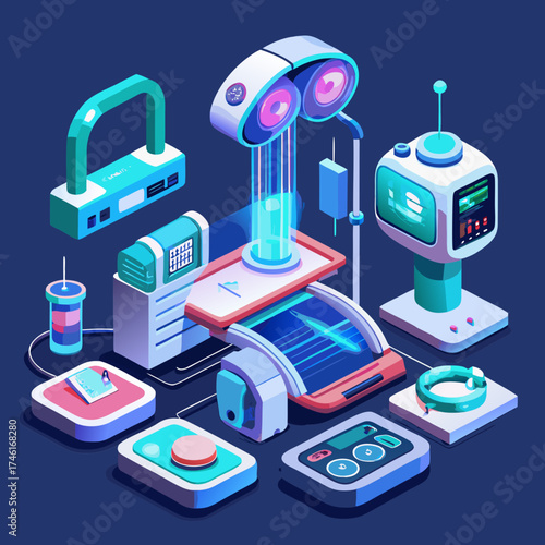 a and"3D render of futuristic hospital accessories with smart technology — wireless stethoscope, AI diagnostic pad, digital IV stand, and holographic screen in  a cloud server for the internet network