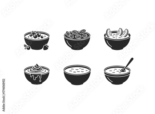 Set of six black and white icons of various bowls of food