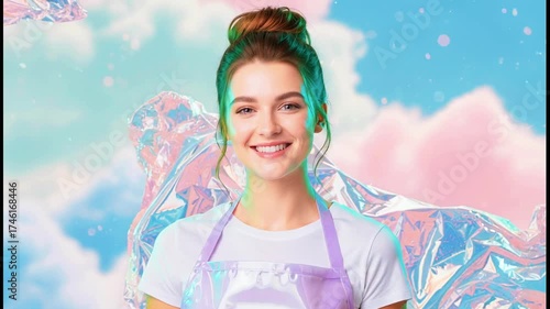 A smiling woman in a white tee and apron, hair in a bun, over a dreamy, holographic background