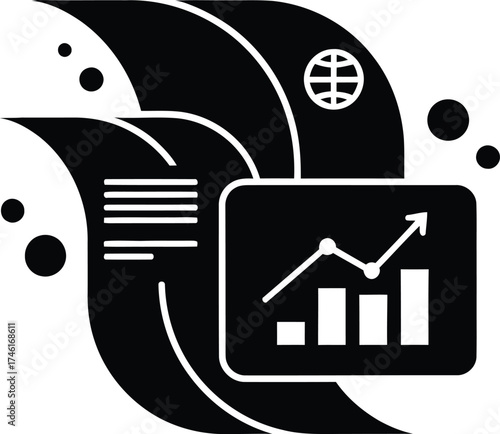 Global business analytics report with upward trending growth chart and financial documents