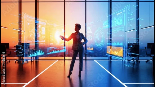 A businesswoman in a futuristic office interacts with transparent holographic displays