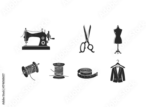 Sewing machine, scissors, mannequin, thread, and jacket