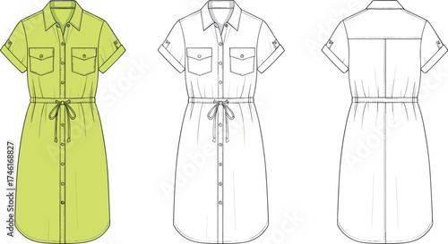 Short sleeve shirt dress with drawstring waist technical flat sketch, fashion apparel vector design, front and back view cad drawing illustration