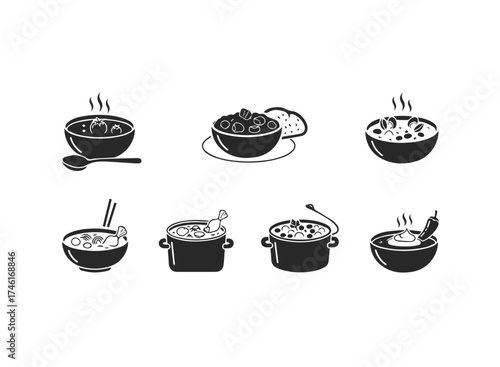 Set of various soup bowls and dishes with steam