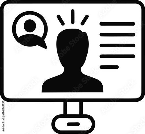 Digital profile icon on a computer screen with speech bubble and text information