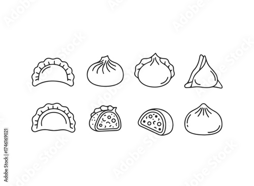 Collection of eight dumpling and bao bun illustrations