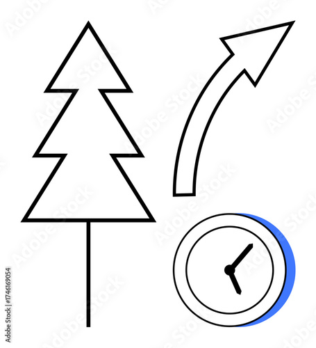 Stylized tree, clock, and upward arrow combining growth, time management, and progress concepts. Ideal for sustainability, timing, analysis, development planning organization simple flat metaphor