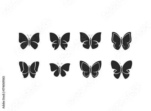 Collection of eight black butterfly icons