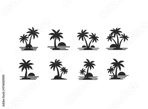 Group of black palm tree and sunset silhouettes on islands isolated on white