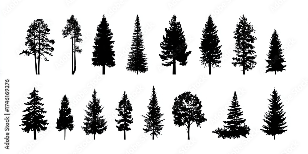 Obraz premium Collection of Vector Silhouettes of Various Trees in Black on White Background