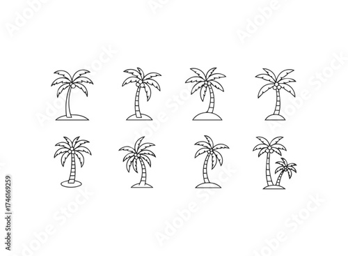 Collection of eight handdrawn palm tree icons