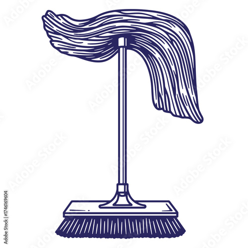 A humorous vintage illustration of a broom resembling a head of wavy hair