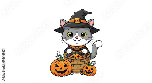 Adorable cartoon cat dressed as a witch with pumpkins ready for Halloween fun