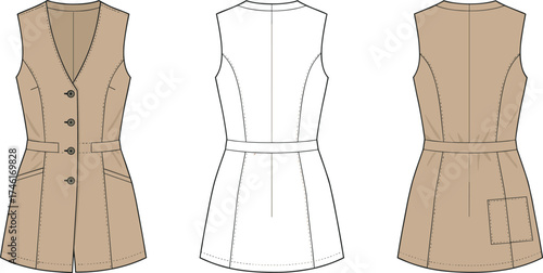 Sleeveless women’s vest tunic technical flat sketch, fashion apparel vector design, front and back view illustration, cad drawing flat vector illustration