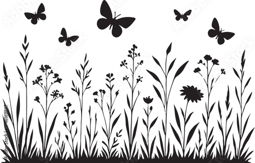 A vector illustration featuring the outline of grass along with flying insects like dragonflies, bees, butterflies, and ladybugs, alongside various flowers and plants.