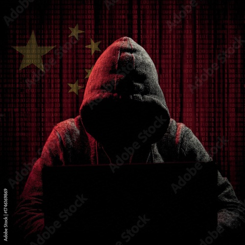 Anonymous Silhouette of a Hacker: A shadowy figure, cloaked in a hoodie, intensely focused on a laptop, hinting at the mysterious world of cyber activities with a subtle backdrop of the Chinese flag.