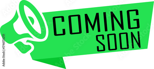 Coming Soon Banner icon. Banner with megaphone icon, suitable for marketing, launch teasers, or notifications. Open available now sign or coming soon tag. New product release symbol.