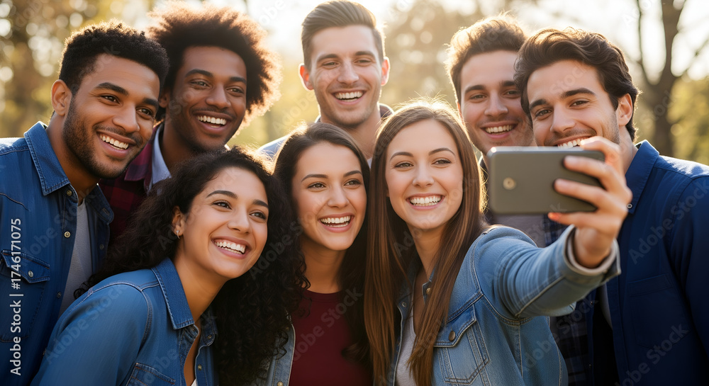 Obraz premium Joyful multi-ethnic group of friends laughing and taking a selfie with a smartphone outdoors, capturing a happy memory together.