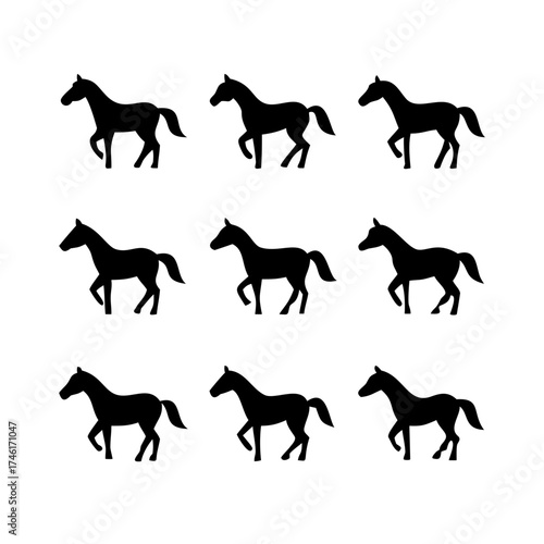 Illustration of nine horse silhouettes the horses are black and are arranged in a grid pattern on a