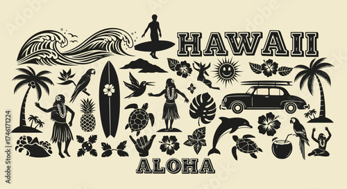 Vector art of collection of hawaiian icons and symbols including surfboards, palm trees, waves, pineapples, turtles, dolphins, vintage car, and people with aloha text